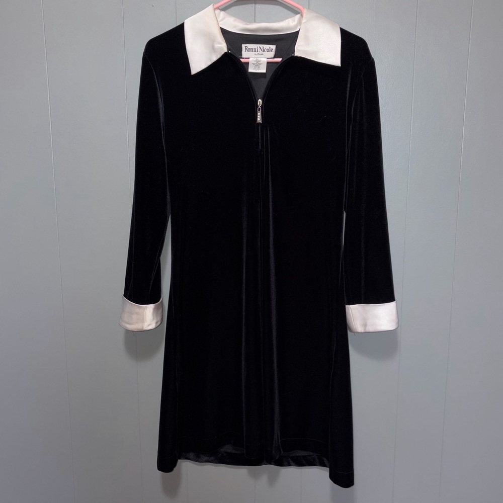 Vintage Ronni Nicole Black Velvet White Satin Trim Long Sleeve Short Dress 12